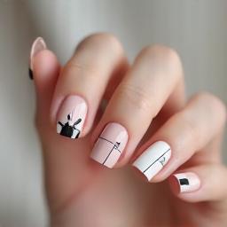 Nail art géométrique minimaliste sur des ongles naturels courts.